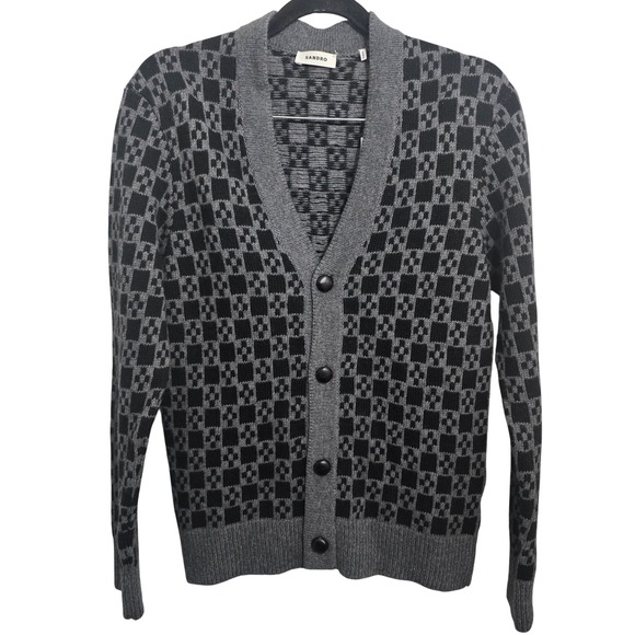 Sandro Paris Mens Cardigan Geometric Wool Cashmere Gris Fonce SHPTR00403 XS